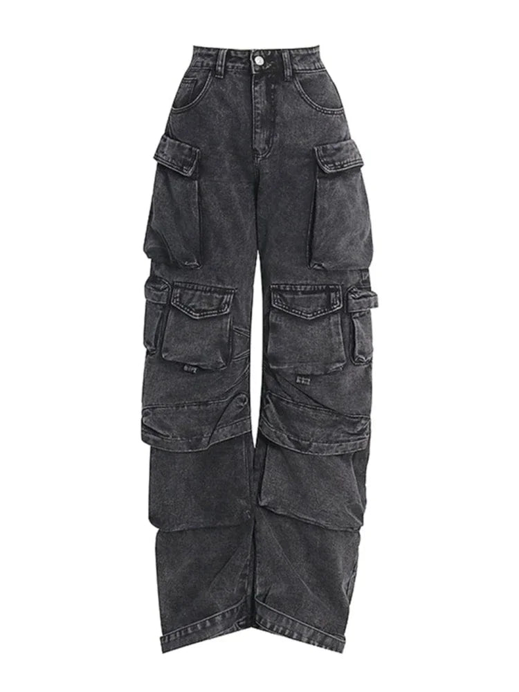 Harajuku Style Multi-Pocket Wide-Leg Jeans for Women