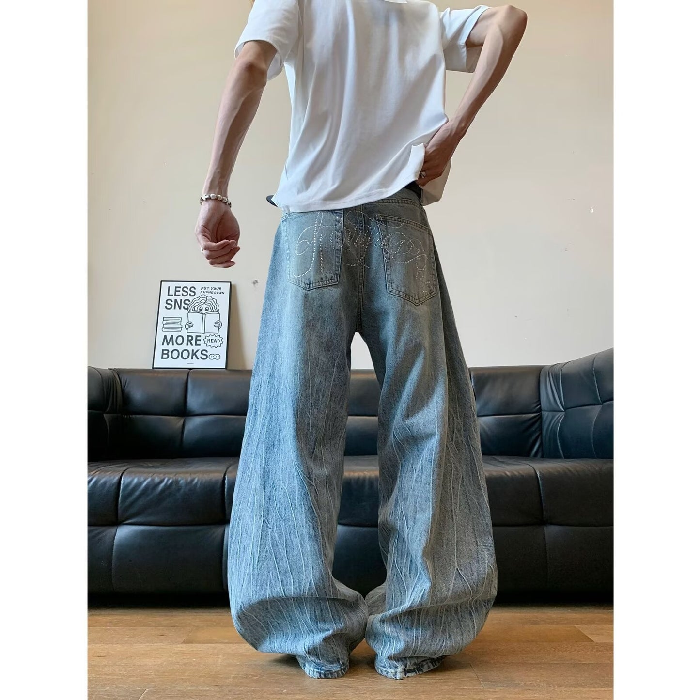Curved Knife Denim Wide Leg Banana Pants
