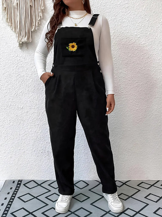 Embroidered Sunflower Wide Strap Overalls
