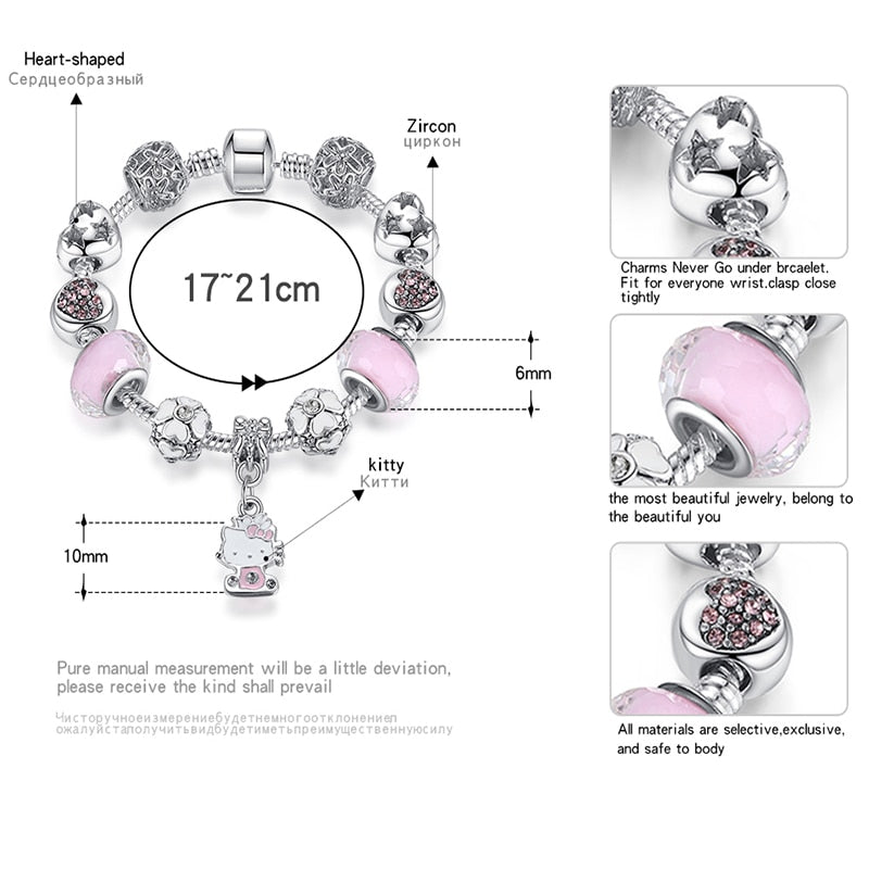 925 Silver Kitty Cat Charm Bracelet for Harajuku Style