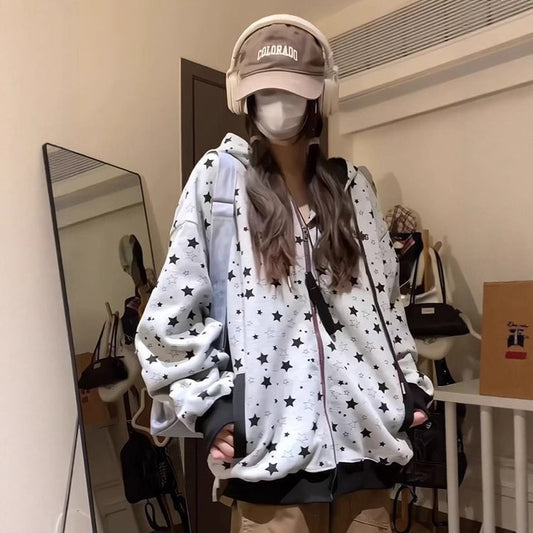 Star All-Over Print Gray Hooded Sweatshirt