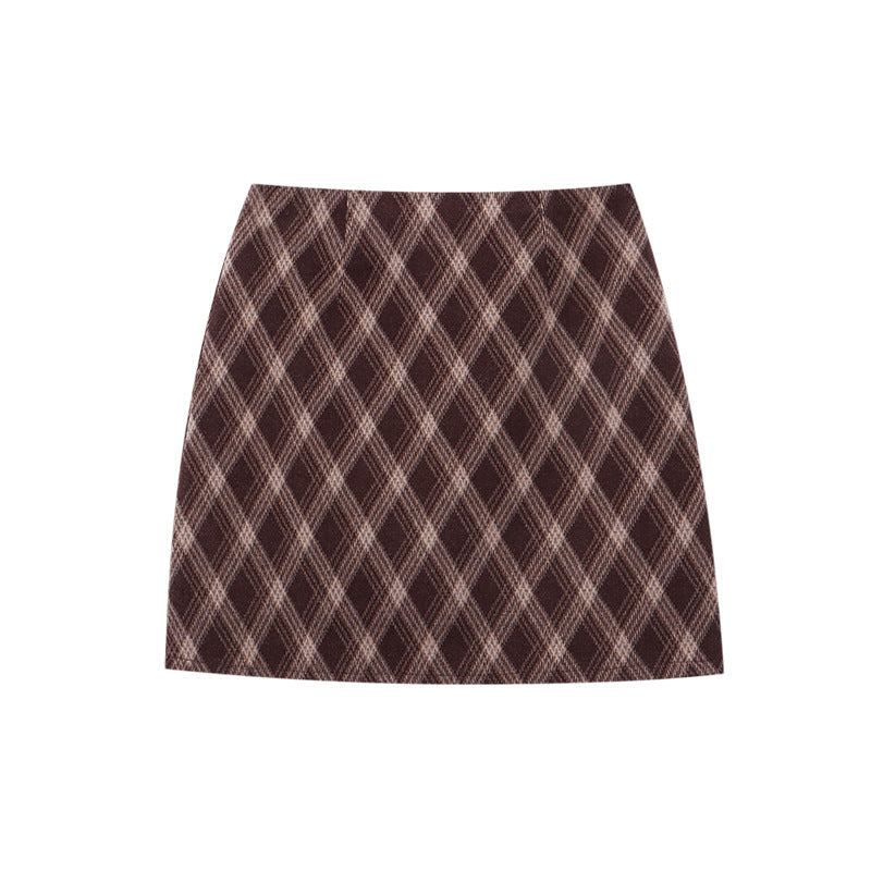 Vintage British Style Color-Blocked Plaid High-Waisted Slimming A-Line Wool Blend Mini Skirt