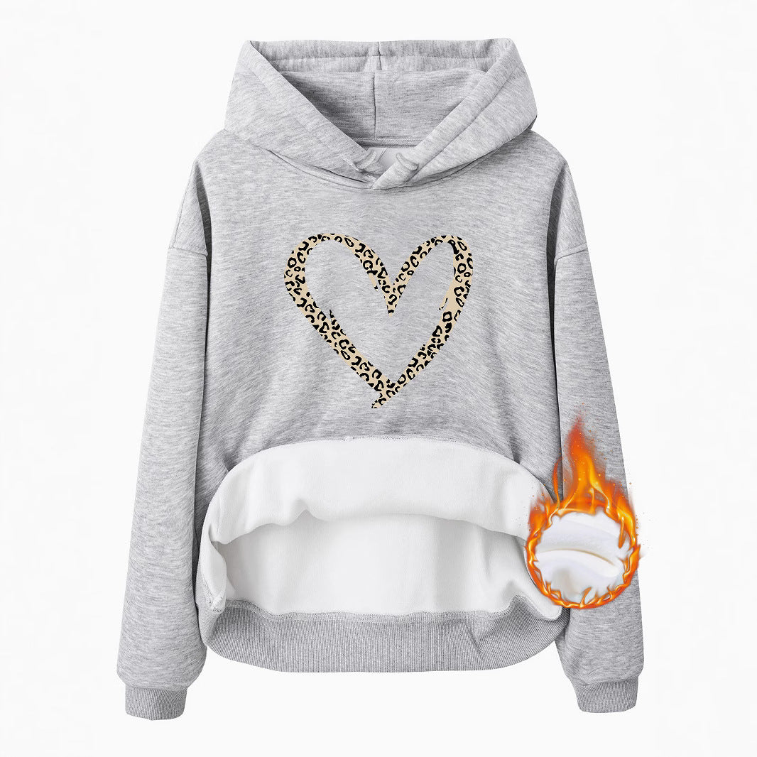 Hooded Long Sleeve Fleece Hoodie with Kangaroo Pocket and Heart-Shaped Print