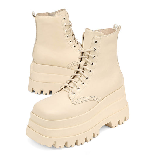 Thick Sole Muffin Cross-Lace Boots with Big Round Toe