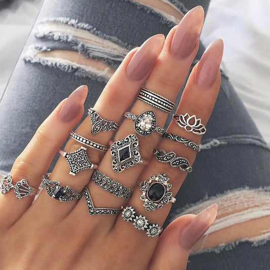 15 Pcs Bohemian Retro Crystal Flower & Leaf Silver Ring Set