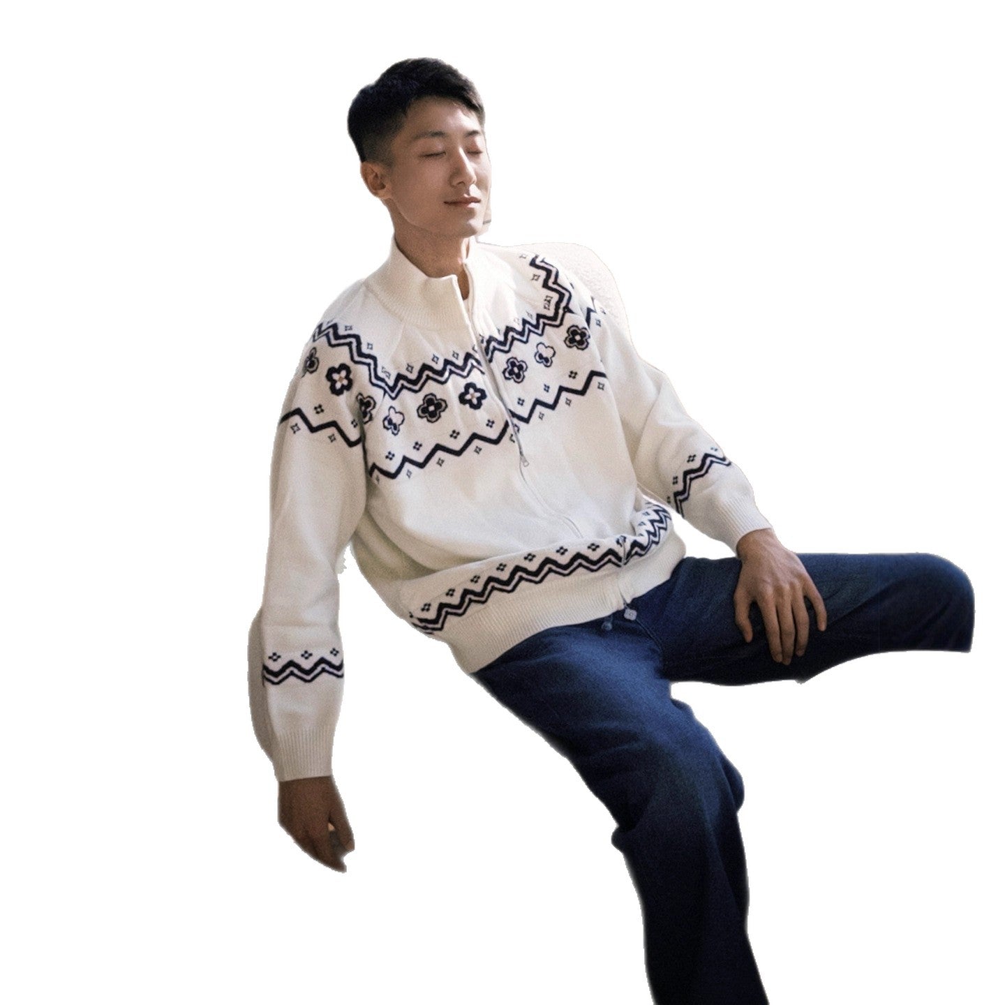 Fair Isle Floral Knit Cardigan for Men - Cozy Soft Knitwear Clean Fit Sweater Jacket