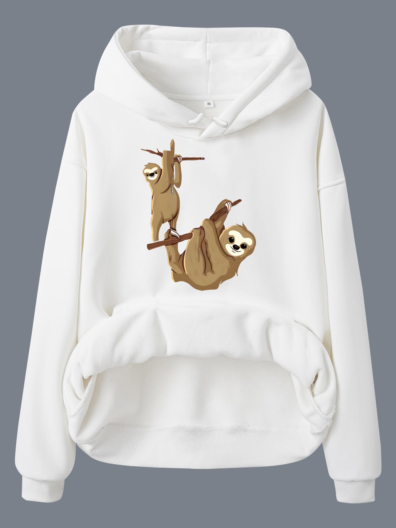 Hooded Long Sleeve Velvet Pullover with Sloth Pattern and Kangaroo Pocket