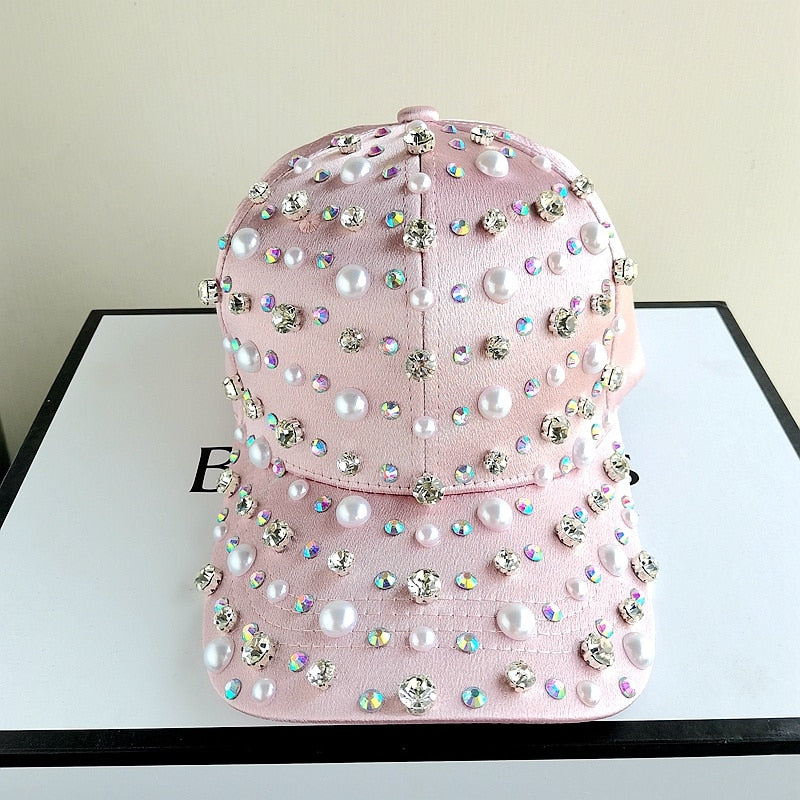 Harajuku Style Rhinestone Pearl Baseball Hat - White Pink