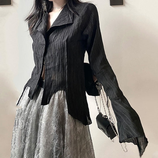 Karrram Gothic Black Shirt - Yamamoto Style Dark Aesthetic Blouse for Women - Irregular Designer Emo Alt Grunge Tops - Y2K Fashion