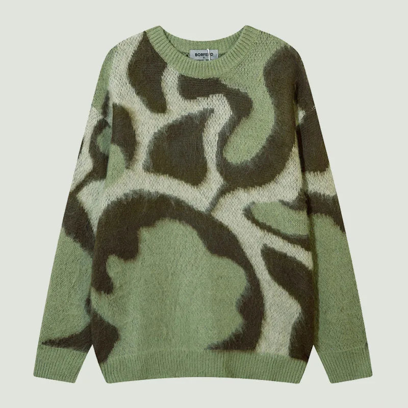 Harajuku Spliced O-Neck Knitted Sweater for Men