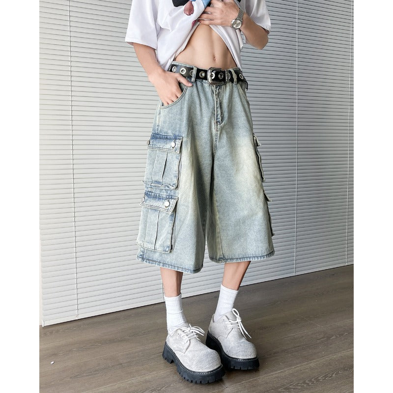 Retro Loose Casual Distressed Wide Leg Seven Quarter Pants