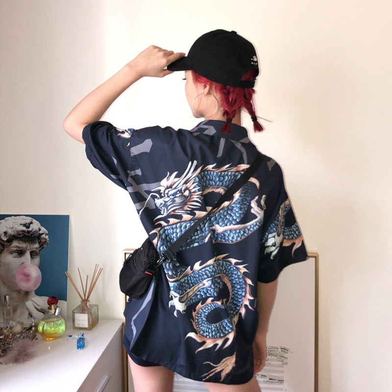 Oversized Harajuku Style Dragon Print Blouse