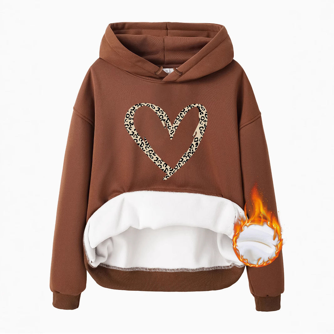 Hooded Long Sleeve Fleece Hoodie with Kangaroo Pocket and Heart-Shaped Print