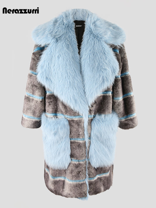 Nerazzurri Oversized Faux Fur Coat with Big Collar & Pockets