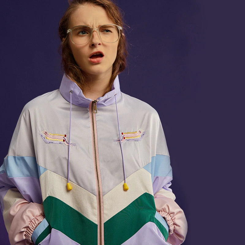 Playful Color Block Cartoon Embroidery Jacket