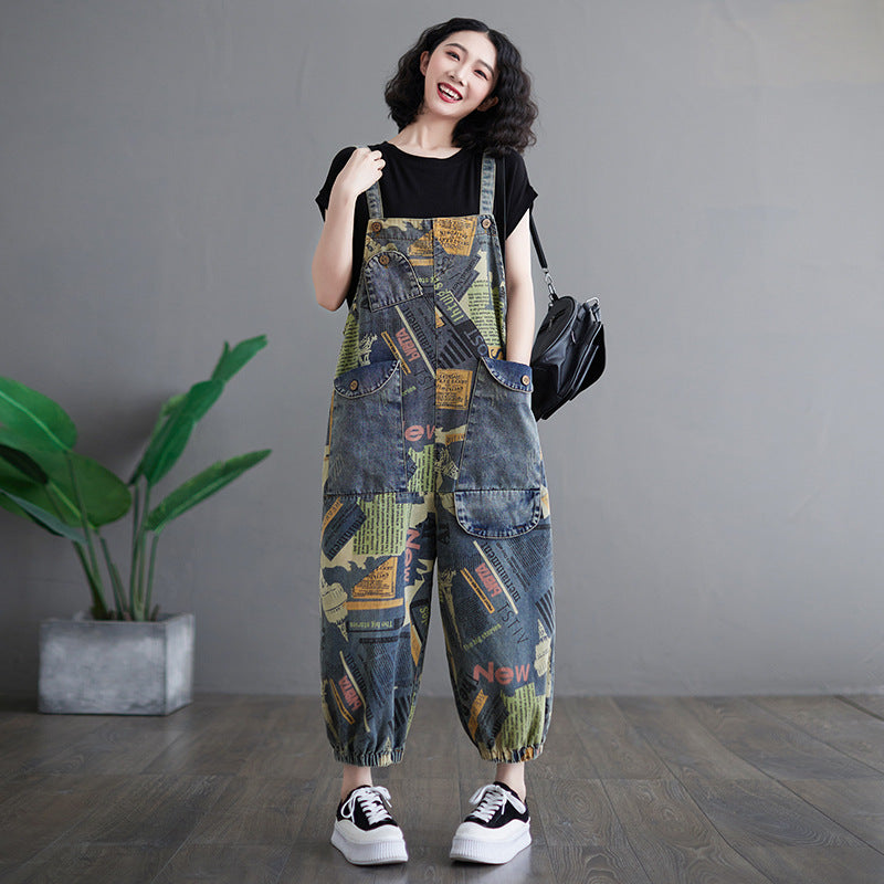 Artistic Retro Printed Denim Overalls for Women