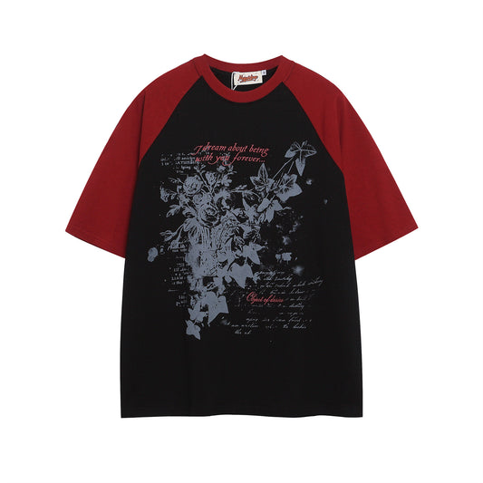 Colorblock Floral Letter Print T-Shirt