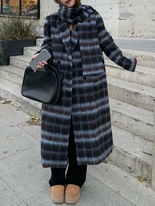 Harajuku Plaid Spliced Woolen Coat for Women