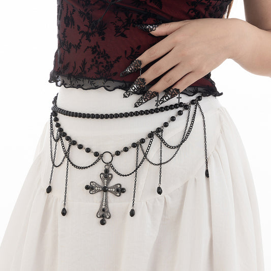Dark Wind Cross Iron Chain Waist Body Chain with Tassels