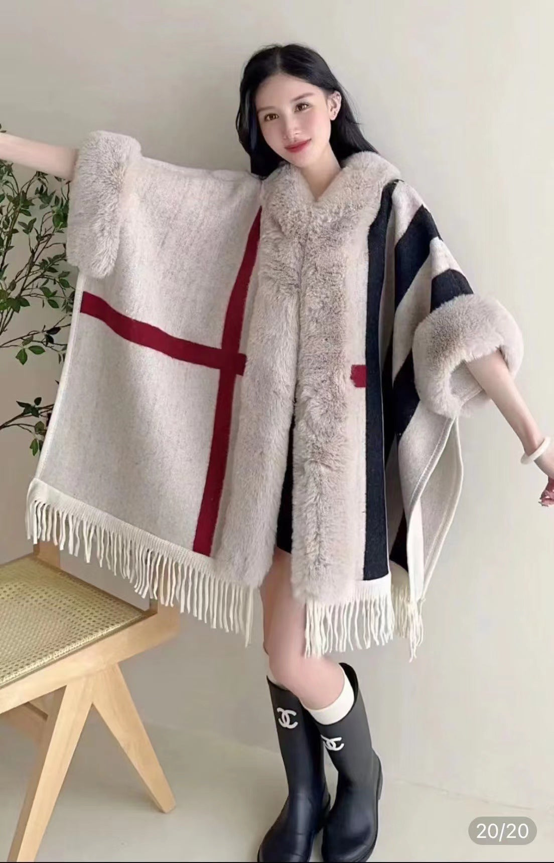 Poncho with Fleece Lining - Thick Knitted Hooded Shawl Featuring Fur Collar and Tassels