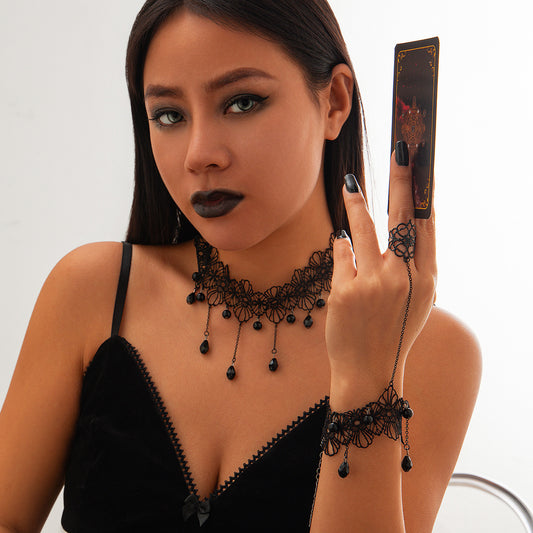 Gothic Moon Alloy Necklace & Lace Tassel Collar Set