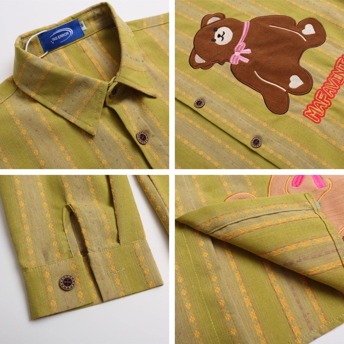 Retro Fun Cute Bear Embroidery Striped Loose Casual Long Sleeve Shirt Top for Men and Women