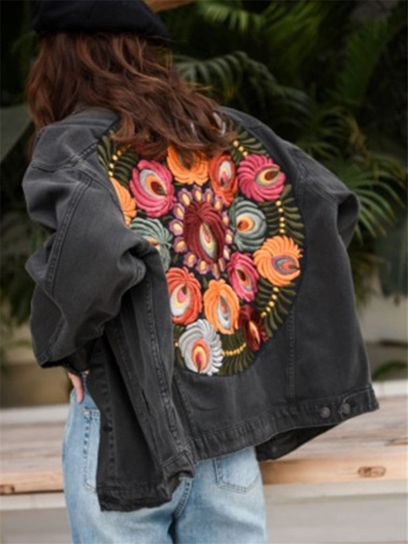 Vintage Floral Embroidery Denim Jacket - Harajuku Style