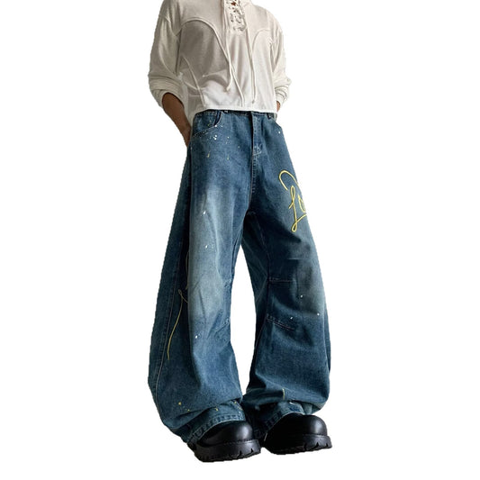 Playful Embroidered Ink Splash Wide Leg Pants