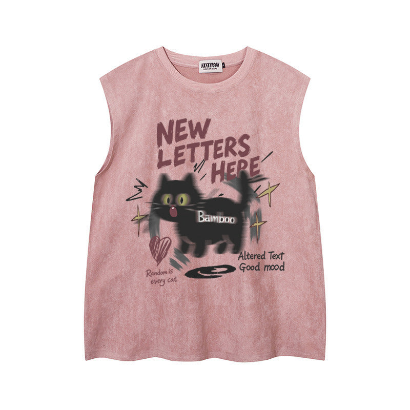 Shocking Black Cat Printed Tank Top — Harajuku Style Retro Loose-Fit Tank (Black, Pink, Apricot, Green)