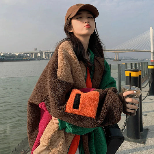 Playful Color Block Plush Cardigan for Harajuku Style
