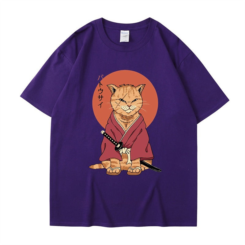 Cute Ninja Cat Print T-Shirt for Men and Women, Cool Summer Short Sleeved Round Neck T-Shirt