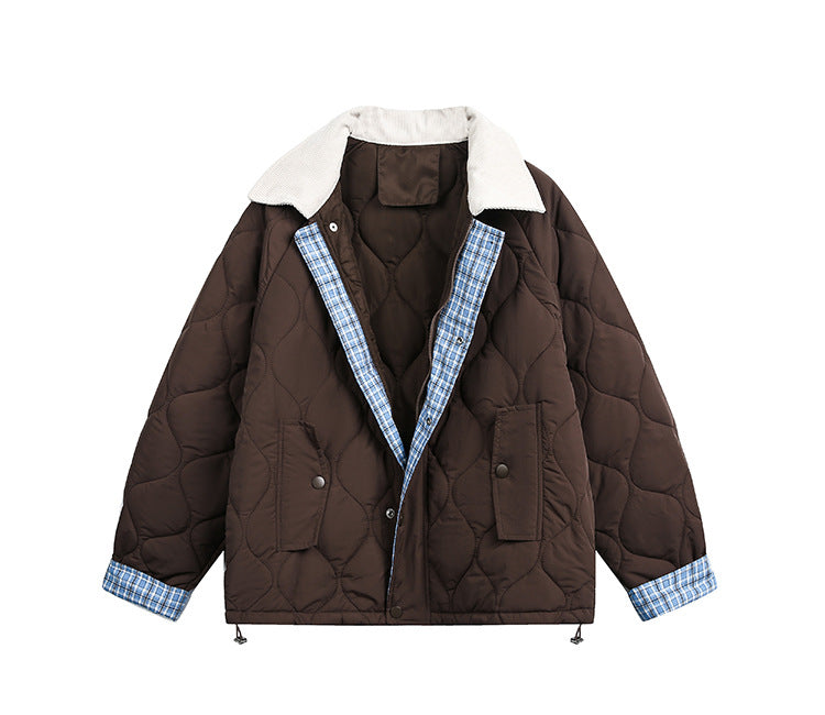 Flip Collar Diamond Grid Thick Warm Short Jacket