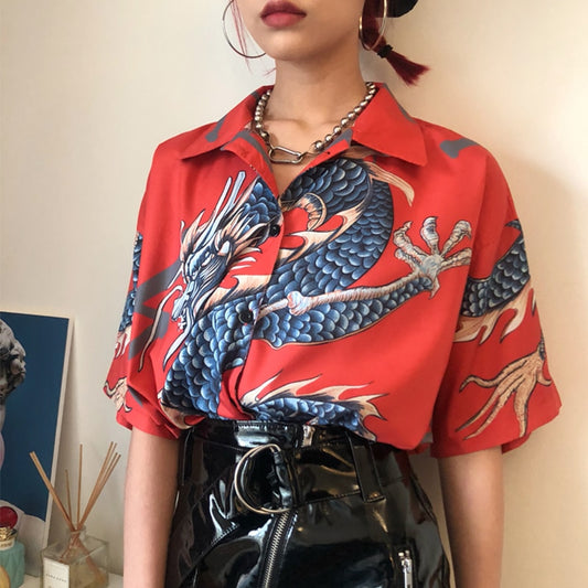Oversized Harajuku Style Dragon Print Blouse