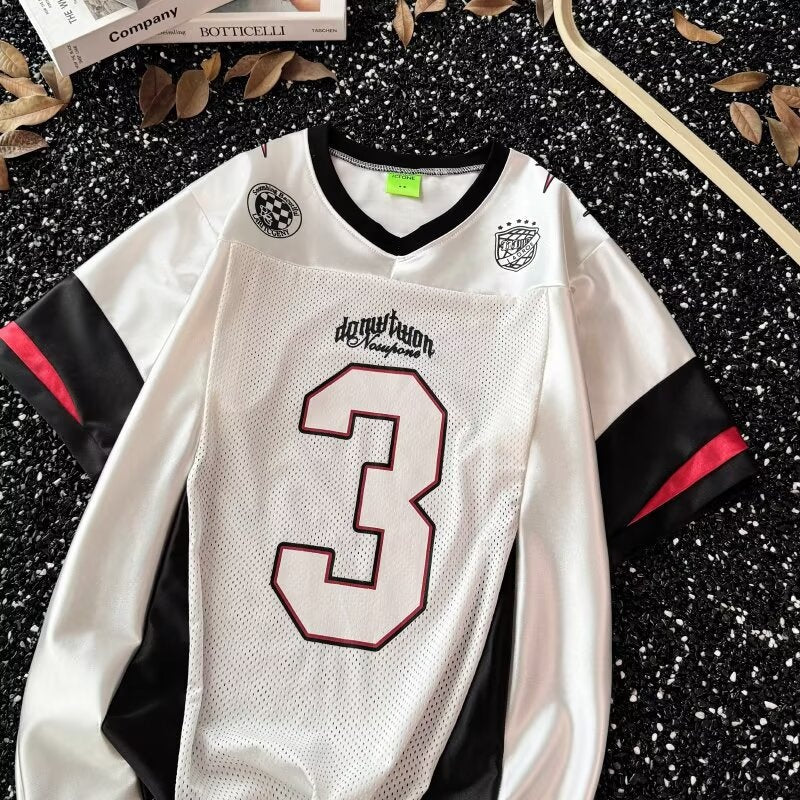 Retro Patchwork V-Neck Ice Hockey T-Shirt