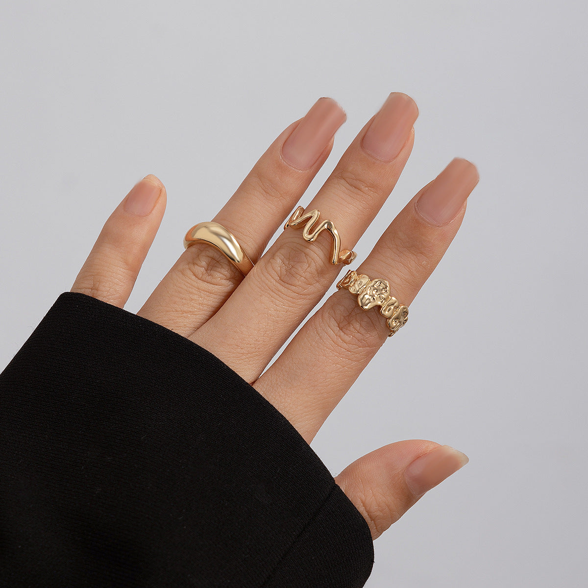 Geometric Metal Lava Line Ring Set - Harajuku Style