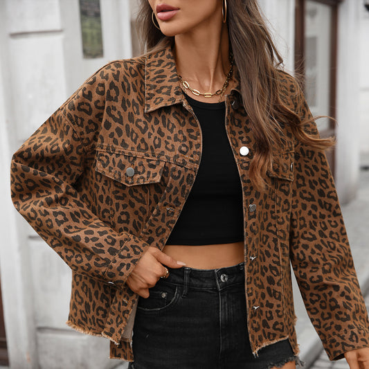 Loose Street Style Leopard Print Denim Short Jacket for Women