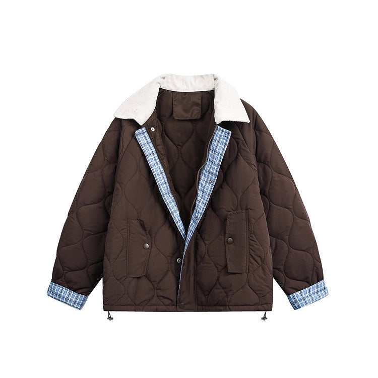 Flip Collar Diamond Grid Thick Warm Short Jacket