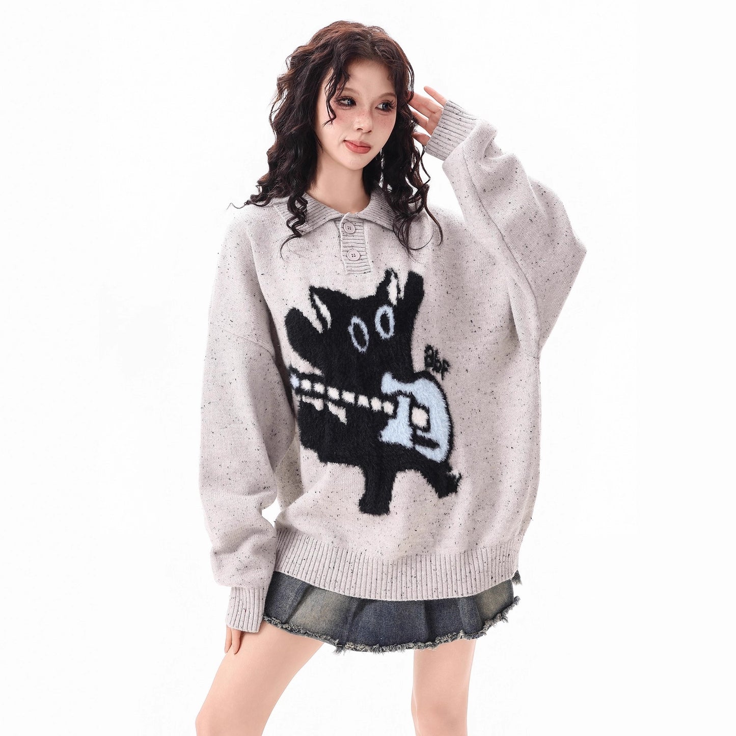 Polo collar cat sweater