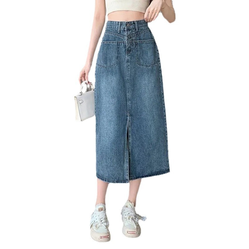 High-Waisted Front Slit Denim Skirt - Versatile A-Line Midi Skirt for Women, Slimming Fit