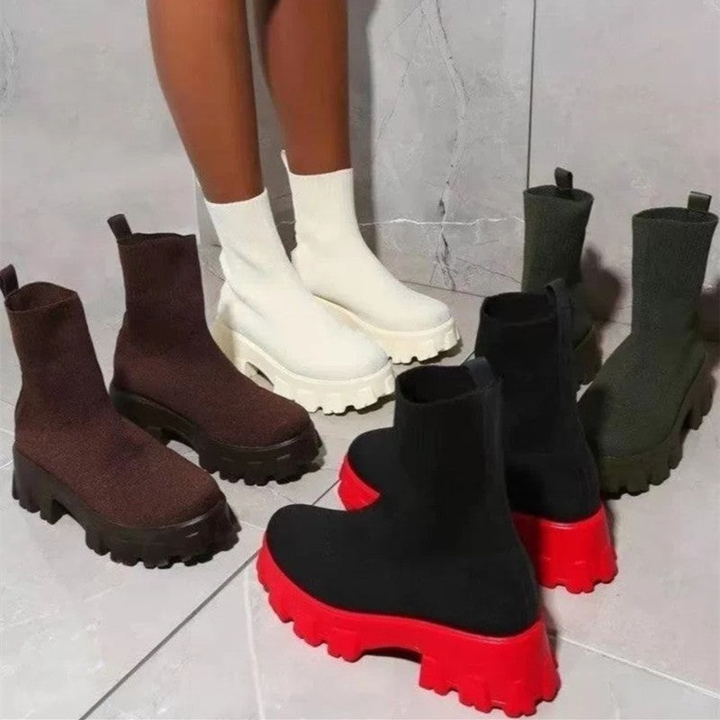 Large Size Thick Heel Black Boots - Flying Woven Casual Mid-Calf Black Boots