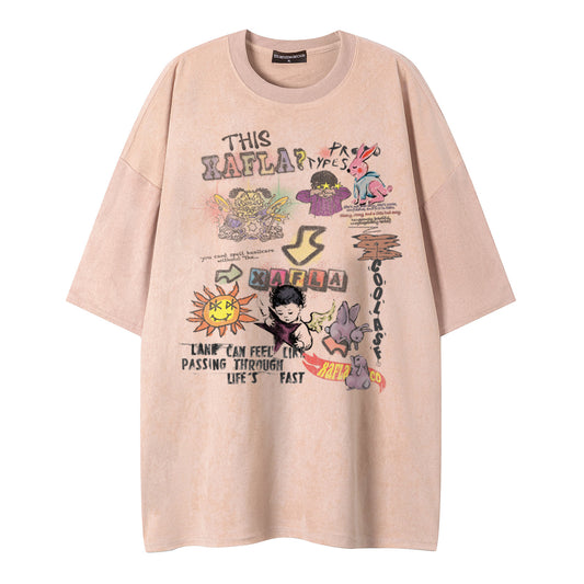 Cartoon Graffiti Printed Short-Sleeved Shirt — Harajuku Street Style Loose Fit