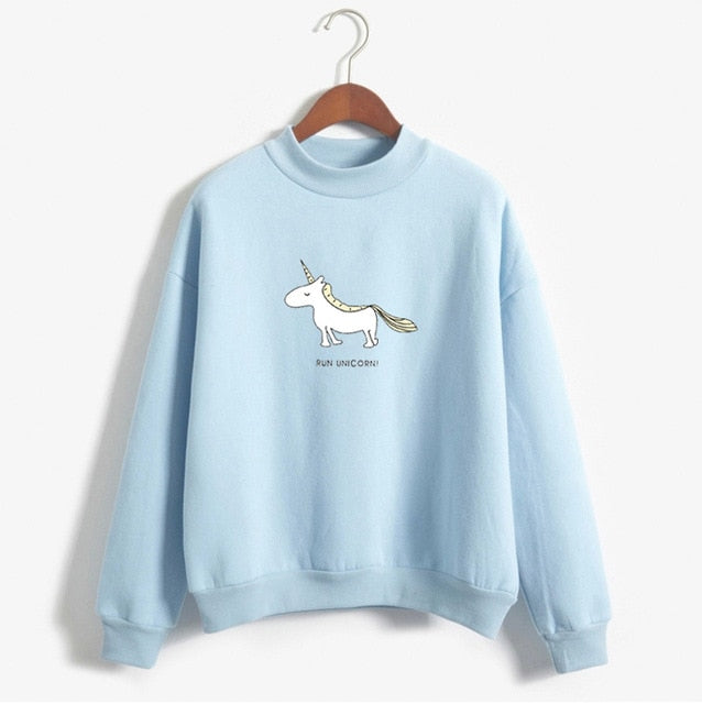 Kawaii Unicorn Print Fleece Turtleneck Hoodie