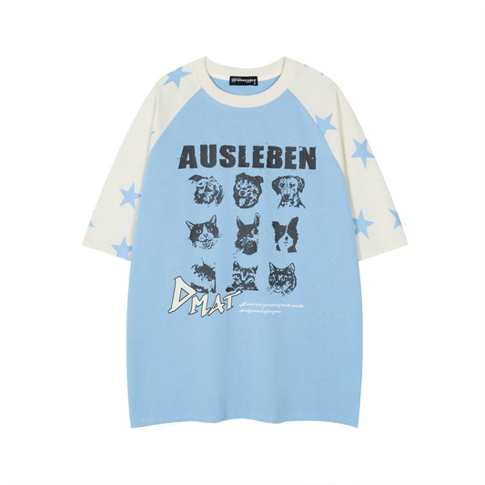 Retro Color-Block Dog Letter Print Raglan T-Shirt
