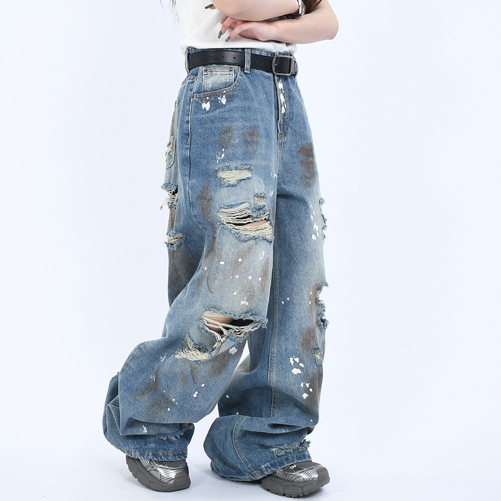 Vintage Washed Denim Pants with Wide Leg
