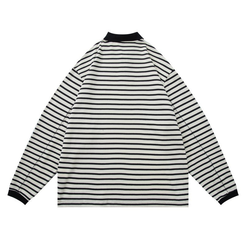 Casual Stripe Polo Shirt for Men - Loose Fit Long Sleeve T-Shirt