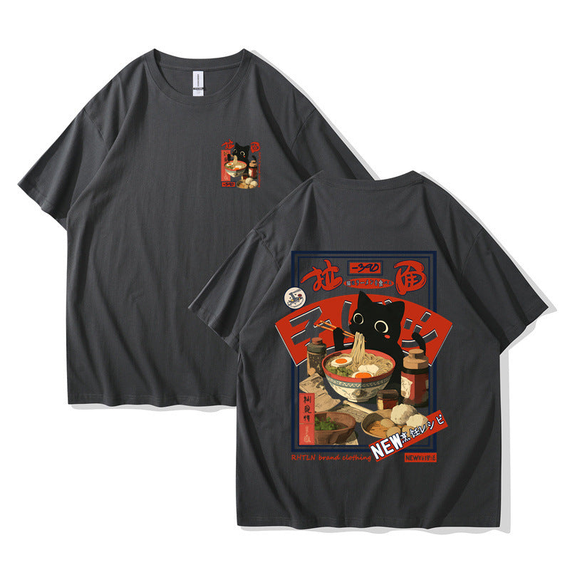 Harajuku Cat Cartoon Eating Noodles Graphic Unisex Casual Short Sleeve T-Shirt