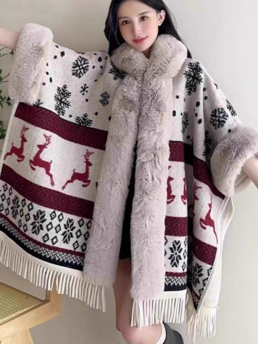 Poncho with Fleece Lining - Thick Knitted Hooded Shawl Featuring Fur Collar and Tassels
