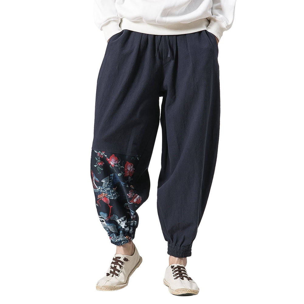 Chinoiserie Printed Cotton Linen Jogger Pants