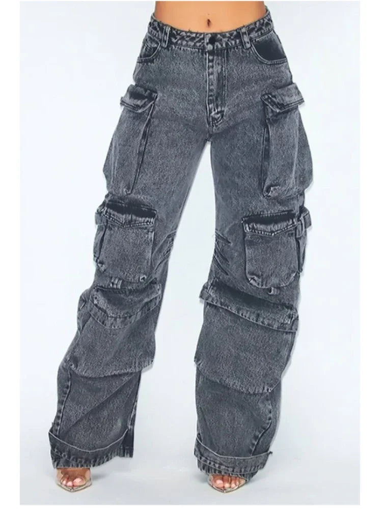 Harajuku Style Multi-Pocket Wide-Leg Jeans for Women