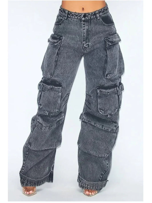 Harajuku Style Multi-Pocket Wide-Leg Jeans for Women